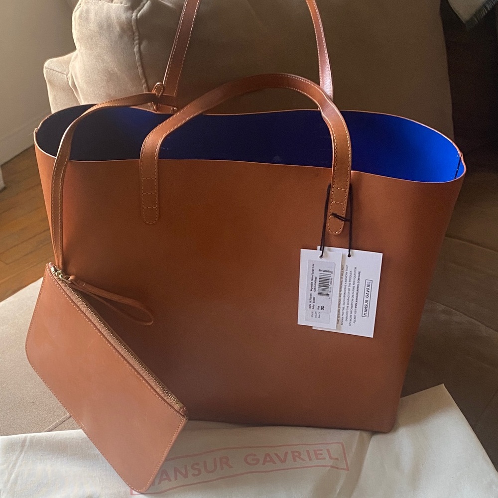 Mansur Gavriel Tan Tote with Vibrant Blue Interior
